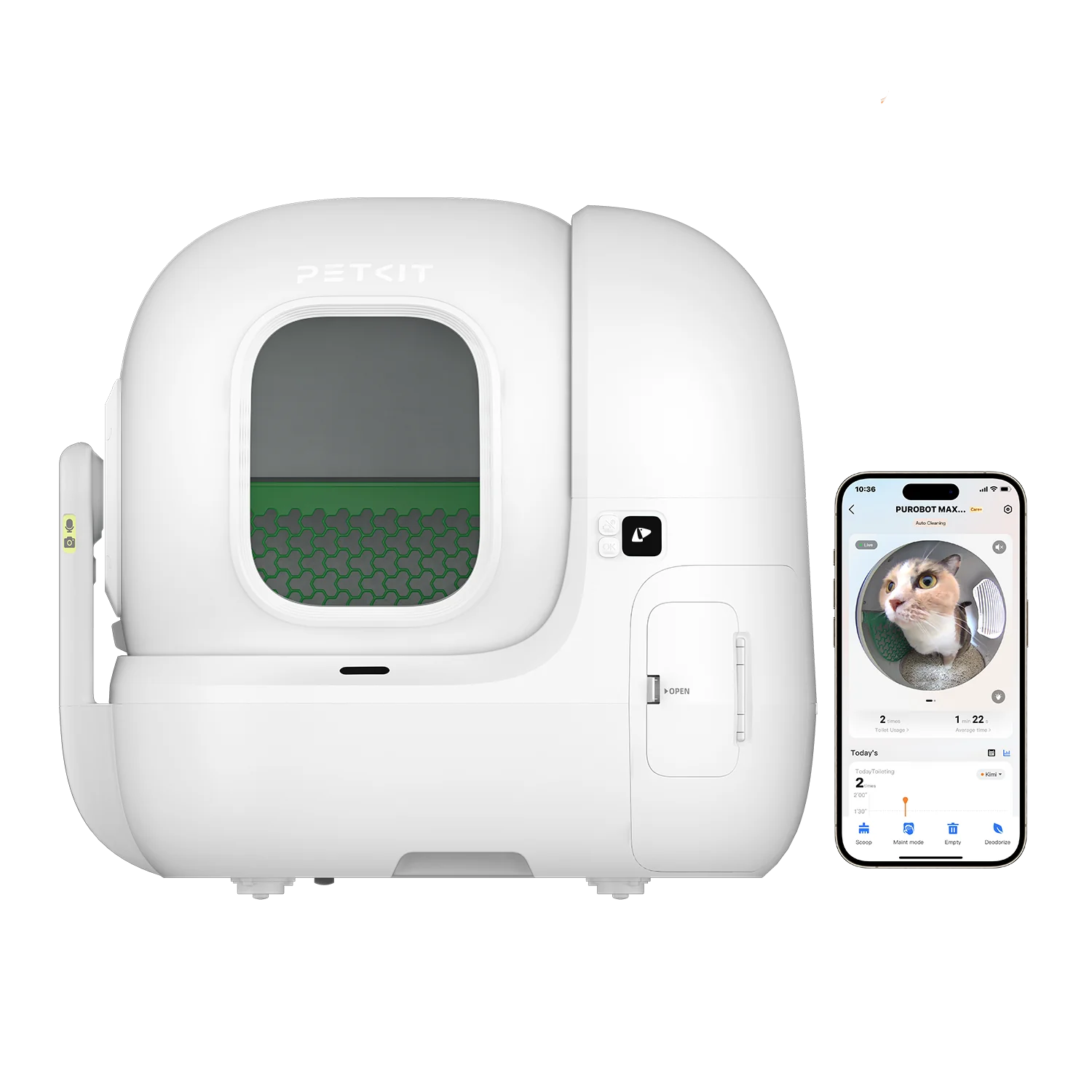 Baltas automatinis kačių tualetas „Petkit Purobot Max Pro“ su atvira anga priekyje, pro kurią matosi žalias kraikas. Šalia tualeto pavaizduotas išmanusis telefonas su „PETKIT“ programėlės sąsaja, kurioje matomas katinas tualeto viduje. Fonas yra pilkas.
